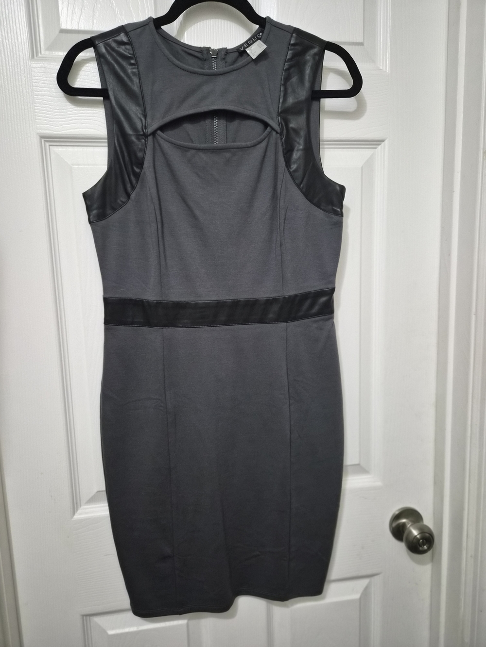 VENUS Gray Sleeveless Midi Dress with Faux-Leather Trim